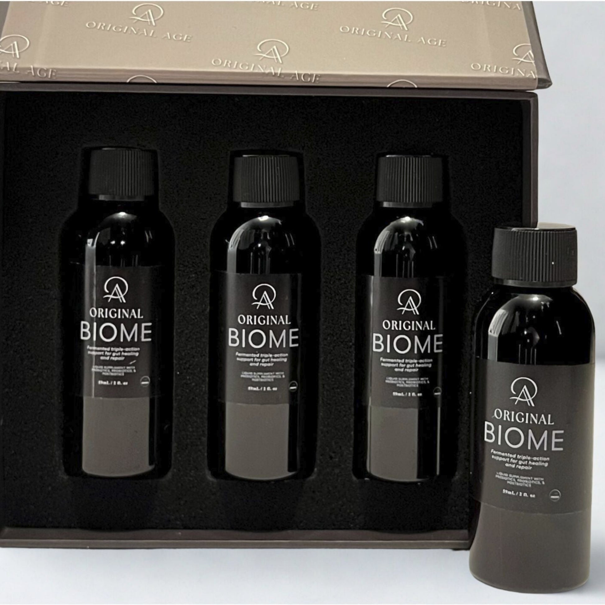 Original Biome 2 fl oz liquid probiotic supplement bottle.  3 pack. TSA friendly.