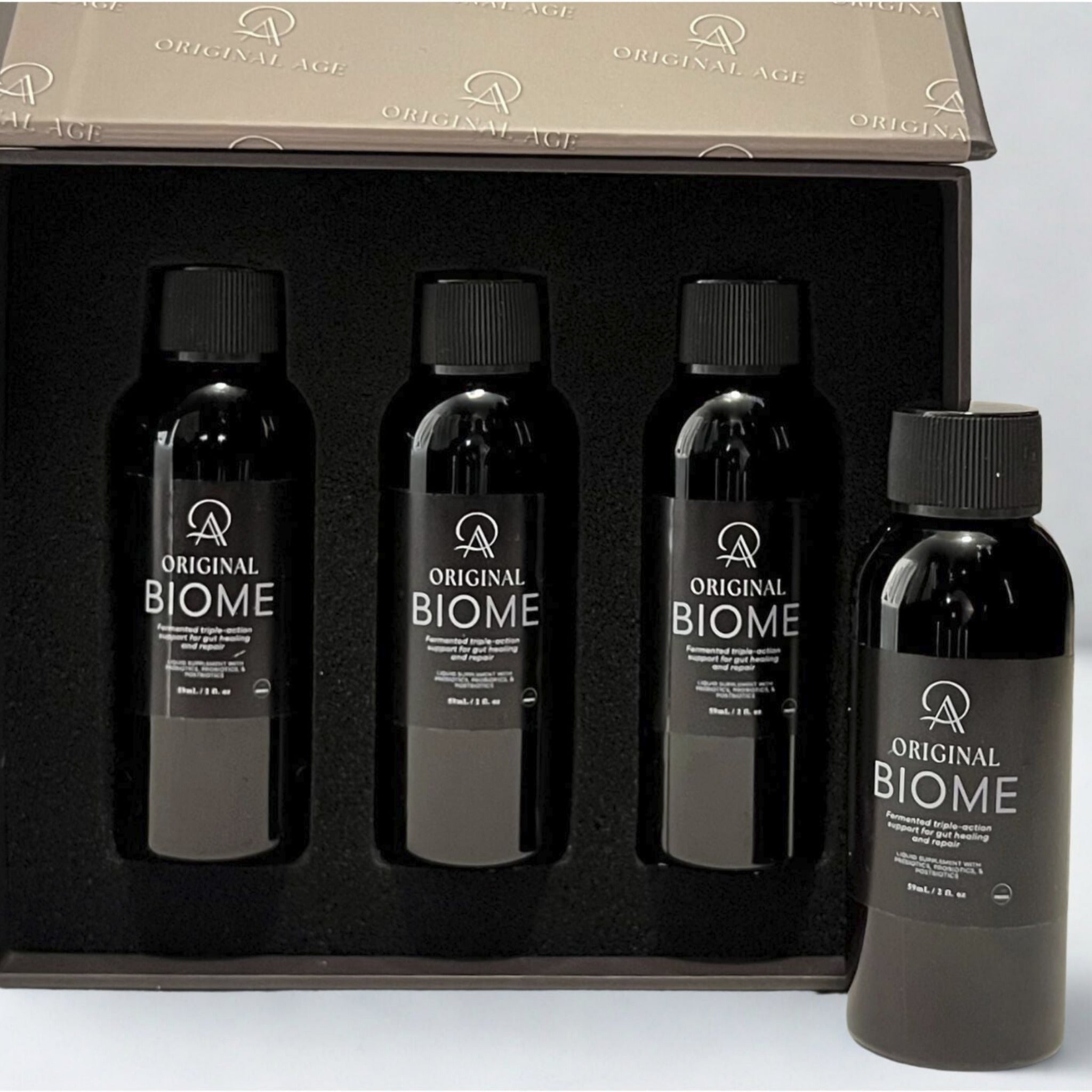 Original Biome 2 fl oz liquid probiotic supplement bottle.  3 pack. TSA friendly.