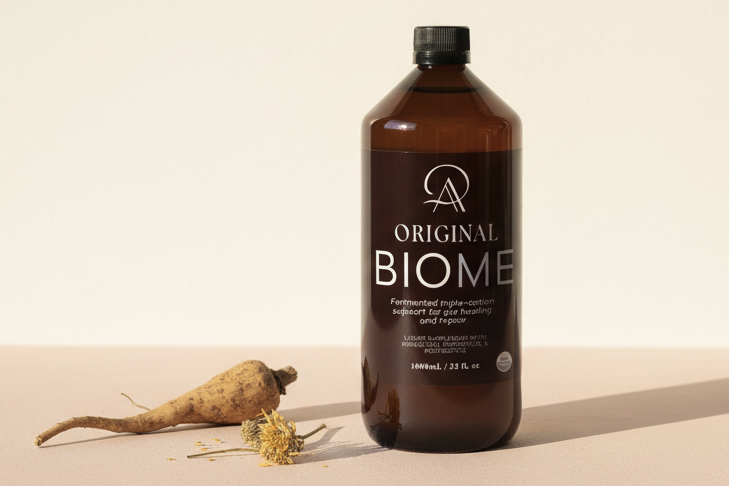 Bottle of Original Biome on a beige background with a plant root and flower.