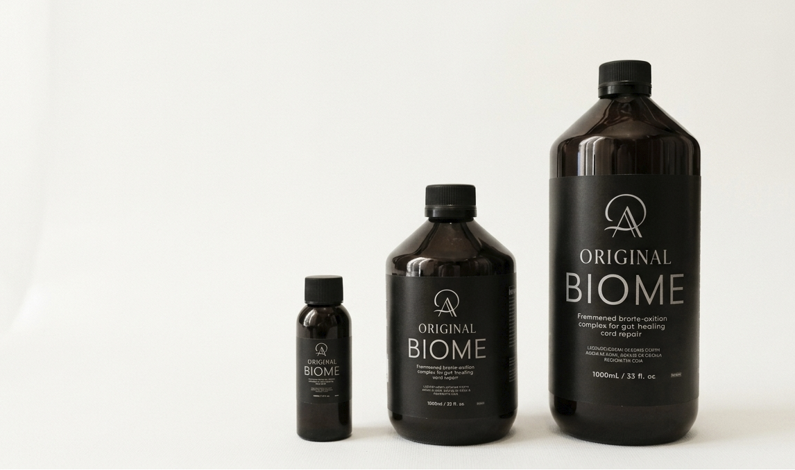 Set of black 'Original BIOME' bottles on a white background