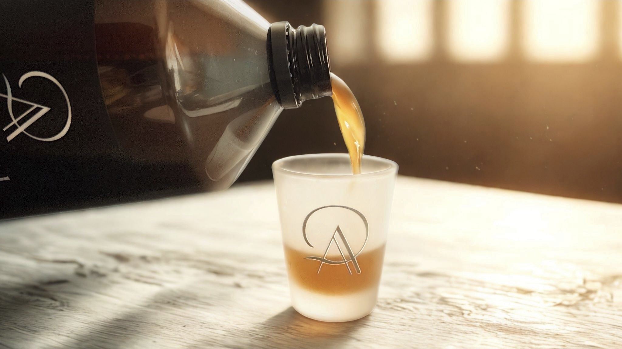 Bottle pouring liquid into a shot glass on a marble surface with a blurred background